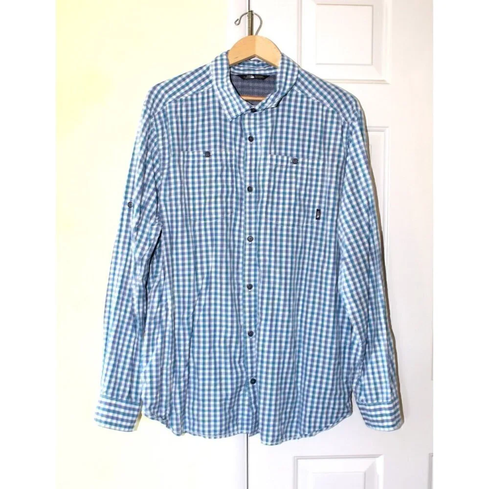 The North Face Men Plaid Shirt Blue & White Button down Size XXL Long Sleeve